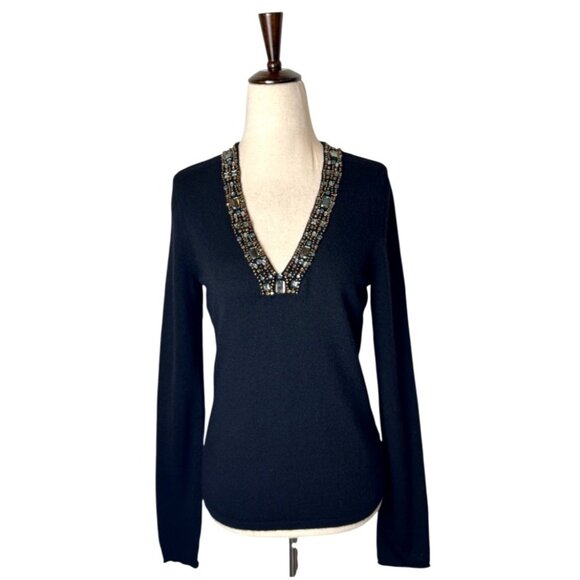 White + Warren Sweater Women Medium Black Cashmere Knit Beaded Neck Quiet Luxury - Picture 1 of 8